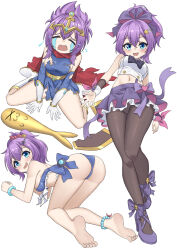 &gt;_&lt; 1girl absurdres all_fours anklet ass azur_lane bare_shoulders barefoot bikini black_pantyhose blue_bikini blue_eyes blush bow bracelet breasts closed_eyes cross_hair_ornament crown crying dress feet full_body gloves hair_between_eyes hair_bow hair_ornament hair_ribbon high_heels highres javelin_(a_legend_is_born?!)_(azur_lane) javelin_(azur_lane) javelin_(beach_picnic!)_(azur_lane) javelin_(energetic_idol_@120_motivation!)_(azur_lane) jewelry looking_at_viewer medium_breasts midriff multiple_views navel official_alternate_costume onejio open_mouth panties panties_under_pantyhose pantyhose ponytail purple_bow purple_hair purple_ribbon purple_skirt ribbon shirt simple_background sitting skirt sleeveless sleeveless_shirt smile soles swimsuit sword tears tiara toes torn_clothes underwear wariza weapon white_background white_gloves white_shirt x_x