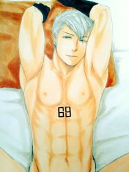 Rule 34 | 1boy, abs, arms up, arundhati-1216, bed, bleach, fingerless gloves, looking at viewer, male focus, muguruma kensei, muscular, navel, nipples, nude, parted lips, pillow, short hair, silver hair, solo, spread legs, upper body, yellow eyes