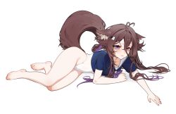 Rule 34 | absurdres, ahoge, animal ear fluff, animal ears, artist name, bare legs, barefoot, blue shirt, brown hair, closed mouth, collar, collarbone, collared shirt, commentary, commission, cropped shirt, fox ears, fox girl, fox tail, hair between eyes, hair ornament, hair over shoulder, hairclip, heart, heart ahoge, highres, indie virtual youtuber, long hair, looking at viewer, lying, multicolored hair, ohkurrva, on side, one-piece swimsuit, purple eyes, purple hair, purple ribbon, ribbon, rima evenstar, sailor collar, sailor shirt, shirt, short sleeves, sidelocks, simple background, swimsuit, symbol-shaped pupils, tail, twitter username, two-tone hair, variant set, virtual youtuber, white background, white collar, white one-piece swimsuit