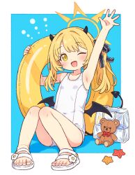 1girl :d alternate_costume arm_up armpits asymmetrical_hair black_horns black_ribbon black_tail black_wings blonde_hair blue_archive blue_background blush border collarbone commentary demon_girl demon_horns demon_tail demon_wings flat_chest full_body hair_ribbon halo horns ibuki_(blue_archive) innertube knees_up loli long_hair looking_at_viewer one-piece_swimsuit one_eye_closed onyhakase open_mouth outside_border ribbon sandals school_swimsuit side_ponytail simple_background sitting smile solo starfish stuffed_animal stuffed_toy swim_ring swimsuit tail teddy_bear toes transparent_bag white_border white_one-piece_swimsuit wings yellow_eyes yellow_halo yellow_innertube