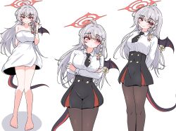 absurdres bare_arms bare_legs bare_shoulders barefoot black_necktie black_pantyhose black_skirt blue_archive breasts chilong_(heronas) demon_girl demon_tail demon_wings grey_hair hair_between_eyes halo haruna_(blue_archive) highres large_breasts long_hair necktie orange_eyes pantyhose red_halo red_skirt shirt simple_background skirt tail thighs towel two-tone_skirt white_background white_shirt wings