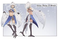 1girl ahoge bare_shoulders bird_legs bird_tail blue_skirt breasts character_name claws commentary crop_top crotchless_shorts feathered_wings grey_feathers grey_hair grey_wings halterneck highres looking_at_viewer midriff multicolored_hair multiple_views nanostar navel open_mouth original pointy_ears short_hair shorts shorts_under_skirt skirt small_breasts tail talons two-tone_hair winged_arms wings yellow_eyes