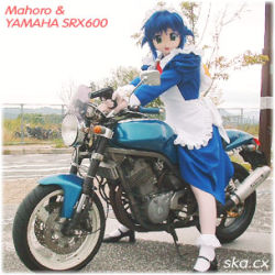 1boy alternate_costume andou_mahoro androgynous animegao black_shoes blue_eyes blue_hair character_name cosplay cosplay_photo crossdressing enmaided kigurumi long_sleeves lowres mahoromatic maid maid_headdress male_focus matching_hair/eyes motor_vehicle motorcycle natsuki_(ska) photo_(medium) shoes solo trap vehicle watermark web_address yamaha zentai