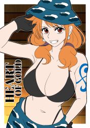 Rule 34 | alternate costume, alternate hairstyle, armpits, bikini, bikini under clothes, black bikini, breasts, degamishiro, gloves, grin, hat, highleg, highleg bikini, huge breasts, looking at viewer, nami (one piece), navel, official alternate costume, official alternate hairstyle, one piece, one piece heart of gold, orange hair, pants, red eyes, shoulder tattoo, smile, swimsuit, tattoo, twintails
