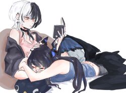 2girls black_choker black_hair black_jacket black_nails blue_tank_top book choker closed_eyes closed_mouth commentary cross cross_earrings ear_piercing earrings english_commentary hand_on_another&#039;s_head holding holding_book hololive hololive_english jacket jewelry lap_pillow long_hair low_wings lying lying_on_lap multicolored_hair multiple_girls multiple_rings nerissa_ravencroft on_stomach piercing pink_tank_top reading ring shiori_novella simple_background tank_top tibetanyakart two-tone_hair white_background white_hair wings yellow_eyes yuri