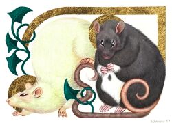 animal_focus black_fur commentary commission english_commentary juimondraws leaf looking_at_viewer mouse_(animal) no_humans original painting_(medium) profile signature traditional_media two-tone_fur watercolor_(medium) white_background white_fur