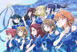 6+girls :d ;d ^_^ aqua_eyes armpit_crease bare_shoulders black_hair blonde_hair blue_background blue_eyes blue_hair blue_shirt blue_skirt blunt_bangs braid brown_hair clenched_hands closed_eyes closed_mouth collarbone commentary_request crown_braid double_bun earrings eikyuu_hours flag floating_hair flower_earrings grin hair_bun hair_ornament hairclip half_updo high_ponytail highres jewelry koyuki_same kunikida_hanamaru kurosawa_dia kurosawa_ruby long_hair love_live! love_live!_sunshine!! low-braided_long_hair low-tied_long_hair matsuura_kanan multiple_girls necklace official_alternate_costume official_alternate_hairstyle ohara_mari one_eye_closed open_mouth orange_eyes orange_hair parallel_hairclips pink_eyes ponytail profile purple_eyes red_hair sailor_collar sakurauchi_riko shirt short_hair short_sleeves side_braid sideways_mouth skirt skirt_set smile takami_chika teeth tsushima_yoshiko upper_teeth_only v v_over_eye watanabe_you