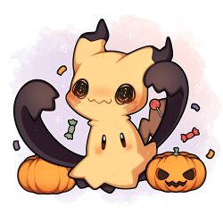 absurdres blush candy creatures_(company) food game_freak gen_7_pokemon heart highres looking_at_viewer mimikyu multicolored_background nintendo no_humans pokemon pokemon_(creature) pumpkin sevi_(seviyummy) solo