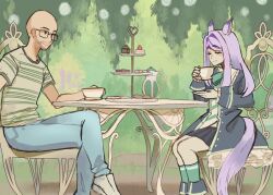 animal_ears bald cup glasses highres holding holding_cup horse_ears horse_girl horse_tail laineikaros mejiro_mcqueen_(umamusume) northernlion outdoors purple_hair real_life tail umamusume
