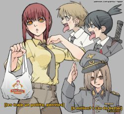 2boys 2girls arm_up bag black_hair black_jacket black_necktie blonde_hair blue_eyes blush breasts brown_eyes brown_hair brown_pants chainsaw_man chestnut_mouth collared_shirt cropped_torso cross-shaped_pupils denji_(chainsaw_man) english_text from_side hair_between_eyes hands_up hat hayakawa_aki holding holding_bag jacket katana large_breasts long_hair long_sleeves looking_at_viewer makima_(chainsaw_man) mexico military military_hat military_uniform multiple_boys multiple_girls nazi necktie pants pantsu-ripper patreon_username peaked_cap plastic_bag pollo_feliz power_(chainsaw_man) red_hair ringed_eyes salute sharp_teeth shirt short_hair sidelocks sleeves_rolled_up spanish_text suit_jacket sword symbol-shaped_pupils teeth tight_clothes tongue tongue_out topknot translated upper_body upper_teeth_only v-shaped_eyebrows watermark weapon web_address white_shirt wide-eyed yellow_eyes yellow_shirt