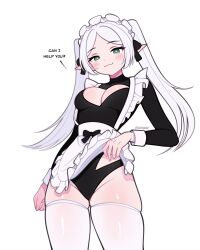1girl :3 blush breasts cleavage cleavage_cutout clothes_lift clothing_cutout commentary english_commentary english_text frieren green_eyes highres looking_at_viewer maid maid_headdress skirt skirt_lift solo sousou_no_frieren vivianvalenart