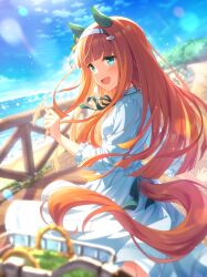 1girl :d absurdres animal_ears aqua_eyes bad_link beach blunt_bangs blurry blurry_background blush breasts clothing_cutout collarbone dress ear_covers game_cg green_ribbon hair_between_eyes hair_ornament hairband highres hime_cut horse_ears horse_girl horse_tail long_sleeves looking_at_viewer neck_ribbon ocean official_alternate_costume official_art open_mouth orange_hair orange_tail pov ribbon silence_suzuka_(umamusume) sky small_breasts smile solo tail tail_through_clothes third-party_source tree umamusume white_dress white_hairband