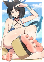Rule 34 | 1girl, animal ears, barefoot, beach, bikini, black eyes, black hair, blue archive, blush, cat ears, cat tail, feet, j-kisarazu, kikyou (blue archive), kikyou (swimsuit) (blue archive), looking at viewer, medium hair, multiple tails, sandals, shoes, single shoe, smile, soles, steam, sweat, swimsuit, tail, toes, two tails