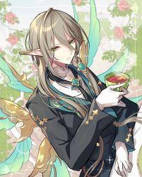 1boy absurdres albrecht_(p&amp;d) black_jacket black_necktie border brown_hair cup ear_ornament eyeshadow fairy_wings floral_background frown green_eyes high_collar highres holding holding_cup jacket kozakura_(dictionary) long_hair long_sleeves looking_at_viewer makeup male_focus necktie pointy_ears puzzle_&amp;_dragons red_eyeshadow shirt sidelocks solo sparkle teacup upper_body white_shirt wings