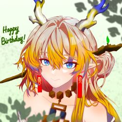1girl arknights bare_shoulders blonde_hair blue_eyes chinese_commentary closed_mouth commentary_request dragon_girl dragon_horns earrings eyeliner grey_hair hair_between_eyes hair_intakes happy_birthday highres horns jewelry long_hair looking_at_viewer makeup multicolored_hair necklace nniu_(user_razc5432) pointy_ears portrait purple_hair red_eyeliner red_pupils shu_(arknights) smile solo