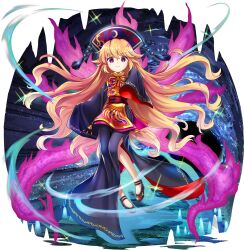 1girl aged_down black_dress black_hat black_shoes blonde_hair child closed_mouth crescent_print dalachi_(headdress) dress energy energy_tail full_body game_cg hat highres junko_(nameless_space_horror)_(touhou) junko_(touhou) long_dress long_hair long_sleeves looking_at_viewer multiple_tails neck_ribbon official_art red_eyes red_tabard ribbon rotte_(1109) shoes side_slit sleeves_past_fingers sleeves_past_wrists smile solo tabard tail third-party_source touhou touhou_lostword transparent_background very_long_hair very_long_sleeves wide_sleeves yellow_ribbon