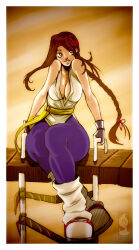 Rule 34 | 1girl, braid, braided ponytail, breasts, brown eyes, brown hair, curvy, dougi, female focus, gloves, hairband, karate gi, leather, leggings, long hair, medium breasts, no bra, pale skin, pants, ponytail, ricsnake, shoes, sitting, socks, the king of fighters, thick thighs, thighs, wide hips, yoga pants, yuri sakazaki