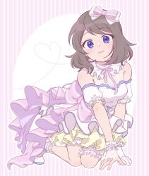 1girl ankle_garter bare_shoulders blue_eyes bow brown_hair closed_mouth commentary detached_collar eyelashes frilled_thigh_strap full_body hair_bow heart highres looking_at_viewer may_(pokemon) medium_hair nintendo off-shoulder_shirt off_shoulder pink_bow pokemon pokemon_adventures shirt shoes skirt smile solo symbol-only_commentary thigh_strap tsukimi_(tkm_516) white_shirt white_shoes wrist_cuffs yellow_skirt