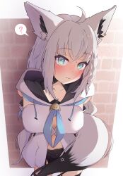 1girl ? ahoge animal_ear_fluff animal_ears aqua_eyes arms_behind_back black_shorts blue_ribbon braid breasts brick_wall covered_navel cowboy_shot detached_sleeves facing_viewer fox_ears fox_girl fox_tail highres hololive hood hood_down long_hair looking_at_viewer medium_breasts outside_border pentagram ribbon shink shirakami_fubuki shirakami_fubuki_(1st_costume) shorts sidelocks solo sweat tail thighhighs virtual_youtuber white_hair