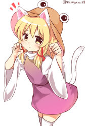 1girl animal_ears blonde_hair brown_hat cat_ears cat_tail claw_pose commentary_request cowboy_shot hair_ribbon hat kemonomimi_mode long_sleeves looking_at_viewer medium_hair moriya_suwako paw_pose purple_skirt purple_vest ramudia_(lamyun) red_ribbon ribbon shirt simple_background skirt solo tail thighhighs touhou tress_ribbon twitter_username vest white_background white_shirt white_thighhighs wide_sleeves yellow_eyes