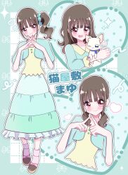 1girl absurdres animal aqua_border aqua_cardigan aqua_scrunchie aqua_skirt black_hair black_shoes blunt_bangs blush border bow buttons cardigan cat cropped_torso eyelashes footwear_bow frilled_skirt frilled_sleeves frills full_body grey_socks grid_background hair_down hair_ornament hair_over_shoulder hair_scrunchie happy heart heart_background highres holding holding_animal holding_cat interlocked_fingers loafers long_hair long_skirt long_sleeves low_twintails medium_hair meme_(mmmwawa) multiple_views nekoyashiki_mayu nekoyashiki_yuki nekoyashiki_yuki_(cat) open_mouth outline own_hands_together pink_bow pink_eyes precure scrunchie shirt shoes short_sleeves side_ponytail skirt socks sparkle tareme twintails wavy_hair white_cat white_outline wonderful_precure! yellow_shirt
