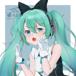 1girl annoyed aqua_hair black_bow black_dress black_headphones blue_eyes blue_ribbon border bow cable chinese_commentary claw_pose collared_shirt commentary_request commission dot_nose dress eyelashes fang gloves grey_background hair_between_eyes hair_bow hair_ribbon hatsune_miku highres light_blush long_hair looking_at_viewer open_mouth outside_border pink_ribbon ribbon sample_watermark shirt shirt_under_dress simple_background skin_fang sleeveless sleeveless_dress sleeveless_shirt solo twintails two-tone_ribbon very_long_hair vocaloid watermark white_border white_gloves white_shirt yutou921