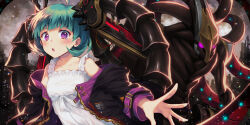 1girl 1other absurdres ahoge bare_shoulders belt belt_buckle black_coat black_sleeves buckle character_request cityscape coat collarbone cuffed dress dress_ribbon final_gear frilled_dress frilled_straps frills full_body game_cg gold_buckle green_hair grey_sky highres light_particles long_sleeves looking_at_viewer mecha mecha_musume mechabare nia_(final_gear) official_art purple_belt purple_eyes ribbon robot short_hair simple_background single_ankle_cuff sky sleeve_belt sundress two-sided_coat two-sided_fabric white_dress white_ribbon