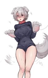 1girl absurdres animal_collar animal_hands bandaid bandaid_on_knee bandaid_on_leg black_leotard blush breasts brown_dust_(series) brown_dust_2 collar covered_navel dog_girl dog_paws dog_tail full-face_blush grey_hair hair_between_eyes highres large_breasts leotard looking_at_viewer mock_(arcalive) motion_lines open_mouth short_hair simple_background solo sweat tail tail_wagging teresse_(brown_dust) tongue tongue_out white_background