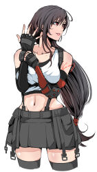 1girl absurdres adjusting_clothes adjusting_gloves arm_guards bare_shoulders black_gloves black_hair black_skirt black_sports_bra black_thighhighs bracelet breasts collarbone cowboy_shot crazy02oekaki crop_top cropped_legs elbow_gloves elbow_pads final_fantasy final_fantasy_vii final_fantasy_vii_remake fingerless_gloves gloves hair_between_eyes hands_up highres jewelry lips long_hair looking_to_the_side low-tied_long_hair medium_breasts midriff miniskirt navel open_hand parted_lips pink_lips red_eyes signature single_elbow_pad single_sidelock skirt solo sports_bra suspender_skirt suspenders tank_top thighhighs tifa_lockhart white_background white_tank_top zettai_ryouiki
