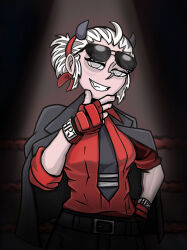 1girl black_suit boxing_ring demon_girl formal_clothes gef5est gloves helltaker highres horns justice_(helltaker) red_gloves red_shirt shirt suit sunglasses white_hair wrestling_ring