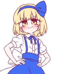 1girl alice_margatroid alice_margatroid_(pc-98) blonde_hair blue_bow blue_bowtie blue_hairband blue_shirt blush bow bow_hairband bowtie buttons closed_mouth commentary cowboy_shot hair_bow hairband ketsumaimo looking_at_viewer lowres puffy_short_sleeves puffy_sleeves shirt short_hair short_sleeves simple_background skirt smile solo suspender_skirt suspenders touhou touhou_(pc-98) v-shaped_eyebrows white_background white_shirt yellow_eyes