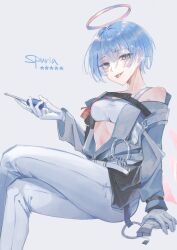 1girl arknights bare_shoulders blue_hair commentary_request gun halo handgun highres samiya_(hanakoro) screwdriver short_hair solo spuria_(arknights) stomach tongue tongue_out weapon
