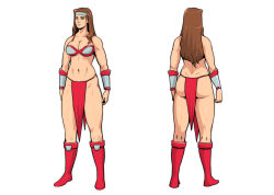 1girl amazon_warrior armor ass bikini_armor boots breasts brown_hair cleavage dimples_of_venus golden_axe golden_axe_ii green_eyes highres large_breasts loincloth long_hair multiple_views muscular muscular_female navel sega shiny_skin thick_thighs thighs toned trebuxet tyris_flare