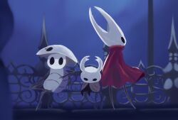 Rule 34 | 1boy, 1girl, 1other, arthropod boy, arthropod girl, black eyes, black skin, blank eyes, blue background, brown cloak, cloak, colored skin, crossed legs, fence, from behind, full body, grey skin, hollow knight, hornet (hollow knight), knight (hollow knight), looking down, mask, mask on head, multicolored skin, on bench, quirrel, red cloak, sachikazerick, sitting, standing, two-tone skin