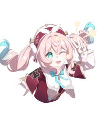 1girl absurdres aqua_hair beret dress gradient_hair hat highres honkai:_star_rail honkai_(series) hyacine_(honkai:_star_rail) luyue multicolored_hair one_eye_closed pink_hair red_dress red_hat solo star_(symbol) twintails upper_body