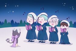 1girl 3boys azul_ashengrotto beret blue_hair blue_robe book brown_hair cat choir conductor creature floyd_leech grey_hair grim_(twisted_wonderland) hat highres holding holding_book jade_leech multiple_boys music outdoors robe short_hair singing snow twisted_wonderland usape0kyun winter yuu_(twisted_wonderland)