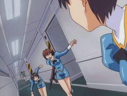 1990s_(style) 4girls agent_aika aika_(series) animated animated_gif ass black_hair blue_delmo blue_delmo_s brown_hair delmo dress explosion female_focus high_heels latex midair miniskirt multiple_girls panties pantyshot retro_artstyle running scared short_dress short_hair skin_tight skirt underwear weapon white_panties