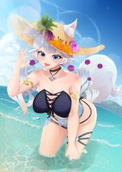 1girl absurdres animal_ear_fluff animal_ears armlet artist_name bikini black_bikini black_bow blonde_hair blue_hair blue_nails blue_sky bow breasts cloud collarbone dahlia day drill_hair ears_through_headwear fangs female_focus fingernails flower food fox_ears fox_girl fox_tail fruit grey_hair hair_flower hair_ornament hat hat_flower highres huge_filesize indie_virtual_youtuber jewelry kirsche_verstahl large_breasts leaning_forward long_fingernails long_hair multicolored_hair nail_polish navel necklace ocean open_mouth orange_flower outdoors pineapple purple_flower purple_hair signature sky solo strapless strapless_bikini straywolf streaked_hair sun_hat swimsuit tail tail_flower tail_ornament thigh_strap tiger_lily tongue tongue_out twin_drills virtual_youtuber water wet