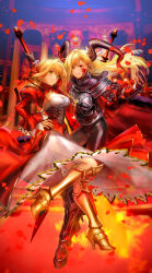 absurdres ahoge armor armored_bodysuit black_armor black_bodysuit black_gloves black_horns blonde_hair bodysuit braid braided_bun clothes_on_shoulders dragon_horns dress epaulettes facial_mark falling_petals fate/extra fate/grand_order fate/grand_order_arcade fate_(series) flower gloves green_eyes hair_bun hair_intakes highres holding holding_sword holding_weapon horns juliet_sleeves kankitsurui_(house_of_citrus) long_hair long_horns long_sleeves nero_claudius_(fate) nero_claudius_(fate/extra) petals pointy_ears pteruges puffy_sleeves queen_draco_(fate) queen_draco_(third_ascension)_(fate) red_dress red_eyes red_flower red_ribbon red_rose ribbon rose rose_petals shoulder_plates single_hair_bun sword weapon