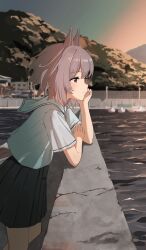 1girl absurdres alternate_costume animal_ears black_skirt blurry blurry_background blush cidersour curren_chan_(umamusume) grey_hair highres horse_ears horse_girl looking_afar ocean outdoors purple_eyes sailor_collar school_uniform serafuku shirt short_hair short_sleeves skirt solo sunset umamusume white_sailor_collar white_shirt