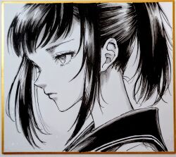 Rule 34 | 1girl, closed mouth, commentary request, eyelashes, greyscale, long hair, looking ahead, makomako1061, monochrome, original, pen (medium), photo (medium), ponytail, profile, sailor collar, serious, shikishi, sidelocks, solo, traditional media