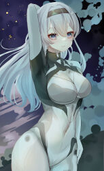 1girl absurdres arm_behind_head arm_up black_hairband blush breasts chuuna_(unagiunazy) covered_navel firefly_(ar-26710)_(honkai:_star_rail) firefly_(honkai:_star_rail) grey_hair hair_between_eyes hair_intakes hair_ornament hairband highres honkai:_star_rail honkai_(series) large_breasts long_hair long_sleeves mecha_pilot_suit official_alternate_costume pink_eyes solo