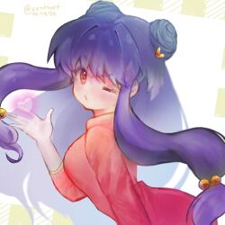 1girl artist_name bell blush bow dated double_bun eextrovrt hair_bell hair_bow hair_bun hair_ornament heart highres long_hair one_eye_closed purple_hair ranma_1/2 red_eyes shampoo_(ranma_1/2) sidelocks yellow_bow