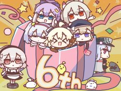 &gt;_&lt; 6+girls animal_ears ayanami_(azur_lane) azur_lane beret black_dress black_gloves black_headwear blonde_hair box cape chibi dress fake_animal_ears gift gift_box gloves graf_zeppelin_(azur_lane) hairband hat highres javelin_(azur_lane) laffey_(azur_lane) long_sleeves looking_at_viewer manjuu_(azur_lane) meowfficer_(azur_lane) mochi_no_suke_(4555) multiple_girls oklahoma_(azur_lane) oklahoma_(retrofit)_(azur_lane) open_mouth peaked_cap pink_hairband purple_eyes purple_hair rabbit_ears red_eyes robotic_vacuum_cleaner sirius_(azur_lane) twintails unicorn v white_cape white_hair z23_(azur_lane)