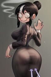1girl 2024 against_wall ass back bags_under_eyes black_dress black_hair blush borrowed_character breasts butt_crack cat_paws commentary constricted_pupils cowboy_shot curvy derek_hetrick dress english_commentary fingernails grabbing_another&#039;s_ass gradient_background groping hair_bun highres huge_ass juliet_sleeves large_breasts legs_together long_sleeves looking_at_viewer looking_back multicolored_hair no_nose noss_(rariatto) original outline puffy_sleeves rariatto_(ganguri) sanpaku see-through_clothes see-through_dress sharp_fingernails shoulder_blades sideboob sidelocks simple_background smile smoke smoke_trail streaked_hair tareme turtleneck turtleneck_dress wavy_mouth
