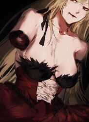 1girl black_dress black_ribbon blonde_hair blood blood_from_mouth breasts cleavage collarbone corset cropped_arms dress highres kiss-shot_acerola-orion_heart-under-blade kizumonogatari large_breasts lips long_hair moku_(muooku) monogatari_(series) mutilation oshino_shinobu pale_skin pointy_ears red_skirt ribbon skirt twintails yellow_eyes