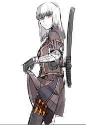 Rule 34 | 1girl, black gloves, black hair, black pantyhose, blunt bangs, breasts, brown eyes, brown jacket, brown skirt, closed mouth, clothes lift, colored tips, commentary request, cowboy shot, from side, gloves, holster, jacket, jouhou, katana, long sleeves, looking at viewer, medium breasts, medium hair, multicolored hair, origami family&#039;s elite guard uniform, pantyhose, satsuki yomi, sheath, sheathed, shirt, simple background, sketch, skirt, skirt lift, solo, standing, sword, thigh holster, toji no miko, weapon, white background, white hair, white shirt