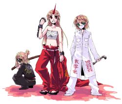 Rule 34 | 3girls, banchou, bokken, bousouzoku, brass knuckles, chain, clothes writing, coat, contemporary, delinquent, female focus, geta, grin, horns, hoshiguma yuugi, jaggy lines, kurodani yamame, lead pipe, looking at viewer, mask, mizuhashi parsee, mouth mask, multiple girls, oekaki, sarashi, simple background, single horn, smile, squatting, standing, sunglasses, surgical mask, sword, tadano kagekichi, tokkoufuku, touhou, weapon, white background, wooden sword