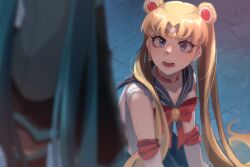 113rii 2girls absurdres aqua_hair bishoujo_senshi_sailor_moon blonde_hair blue_eyes blue_sailor_collar choker commentary crescent crescent_earrings double_bun earrings hair_bun hair_over_shoulder hatsune_miku heart heart_choker highres jewelry long_hair magical_girl meme multiple_girls parted_bangs red_choker sailor_collar sailor_moon sailor_moon_redraw_challenge_(meme) sailor_senshi_uniform solo tile_floor tiles twintails vocaloid