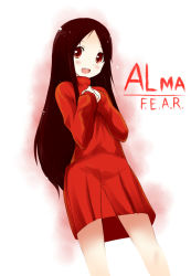 1girl :d alma_wade blush brown_hair butter-t dress f.e.a.r. female_focus long_hair open_mouth red_dress red_eyes red_skirt skirt smile solo